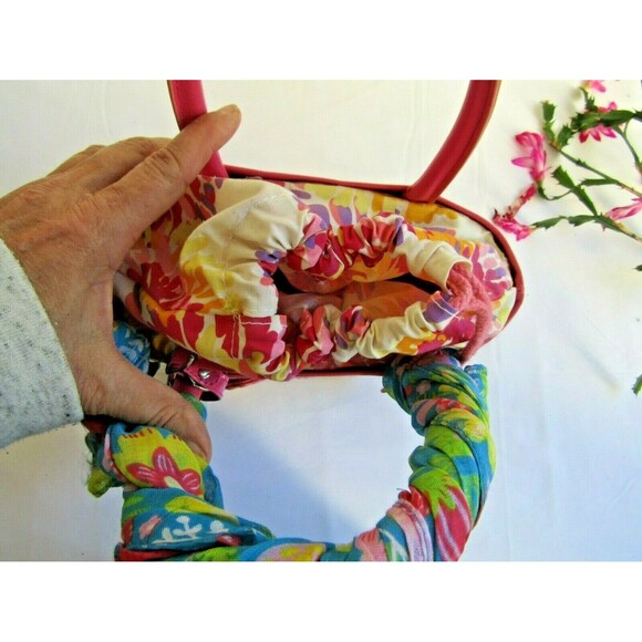 Bath and Body Works Straw Purse Vtg Whimsical Faux Leather Trim Draw Pink Floral - Picture 6 of 8